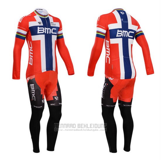 2014 Fahrradbekleidung BMC Champion Norwegen Blau und Rot Trikot Langarm und Tragerhose